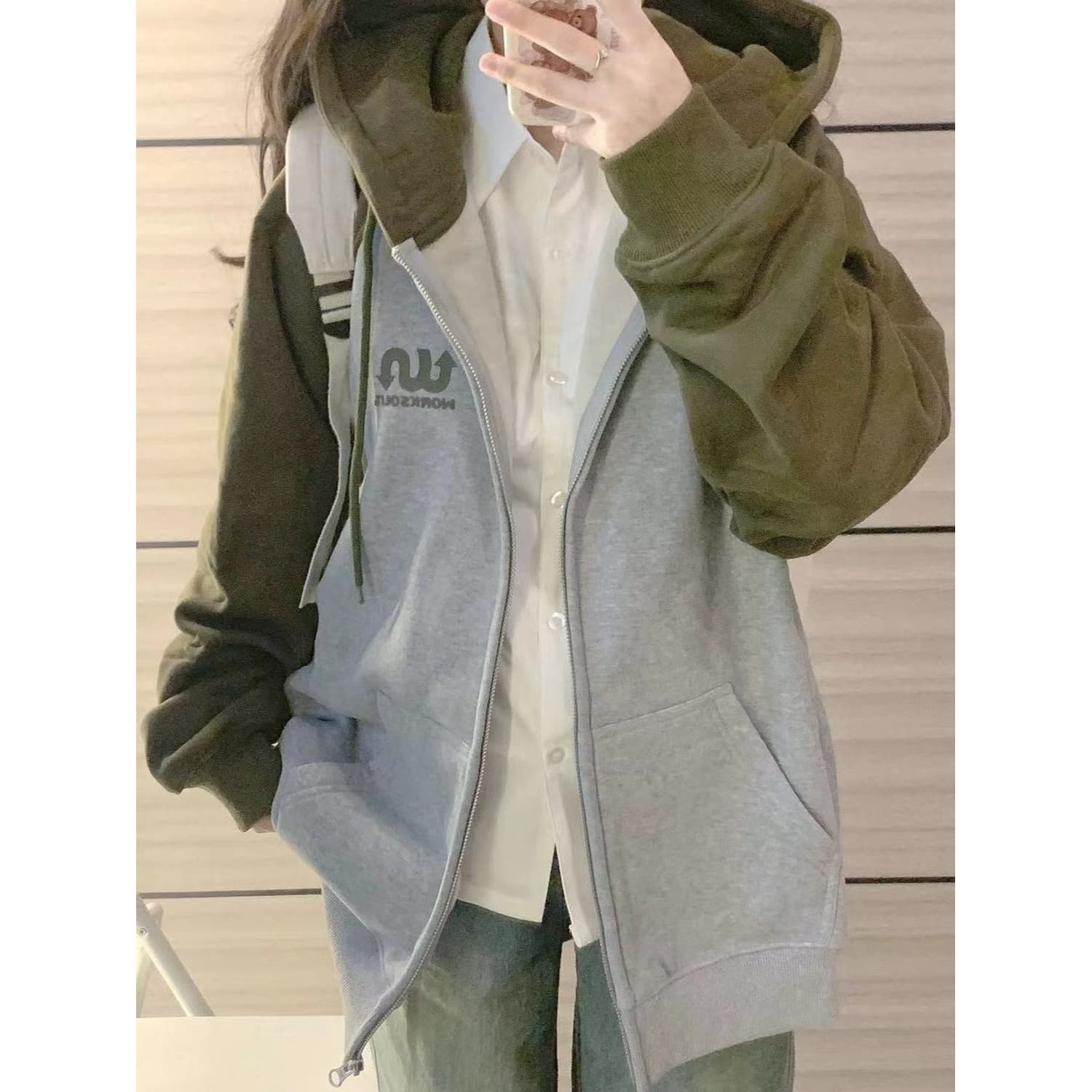 American retro patchwork contrasting color hooded sweatshirt loose lazy zipper jacket for women to wear outside