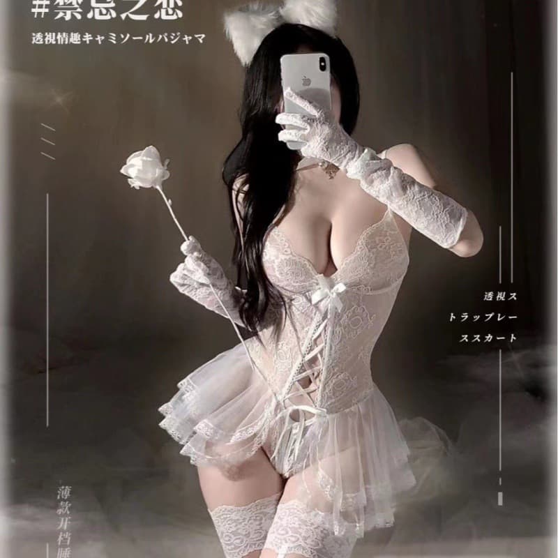Sexy Lingerie Bodysuit with Lace and Suspender Straps, Open Crotch Uniform Sleepwear Mesh Nightgown