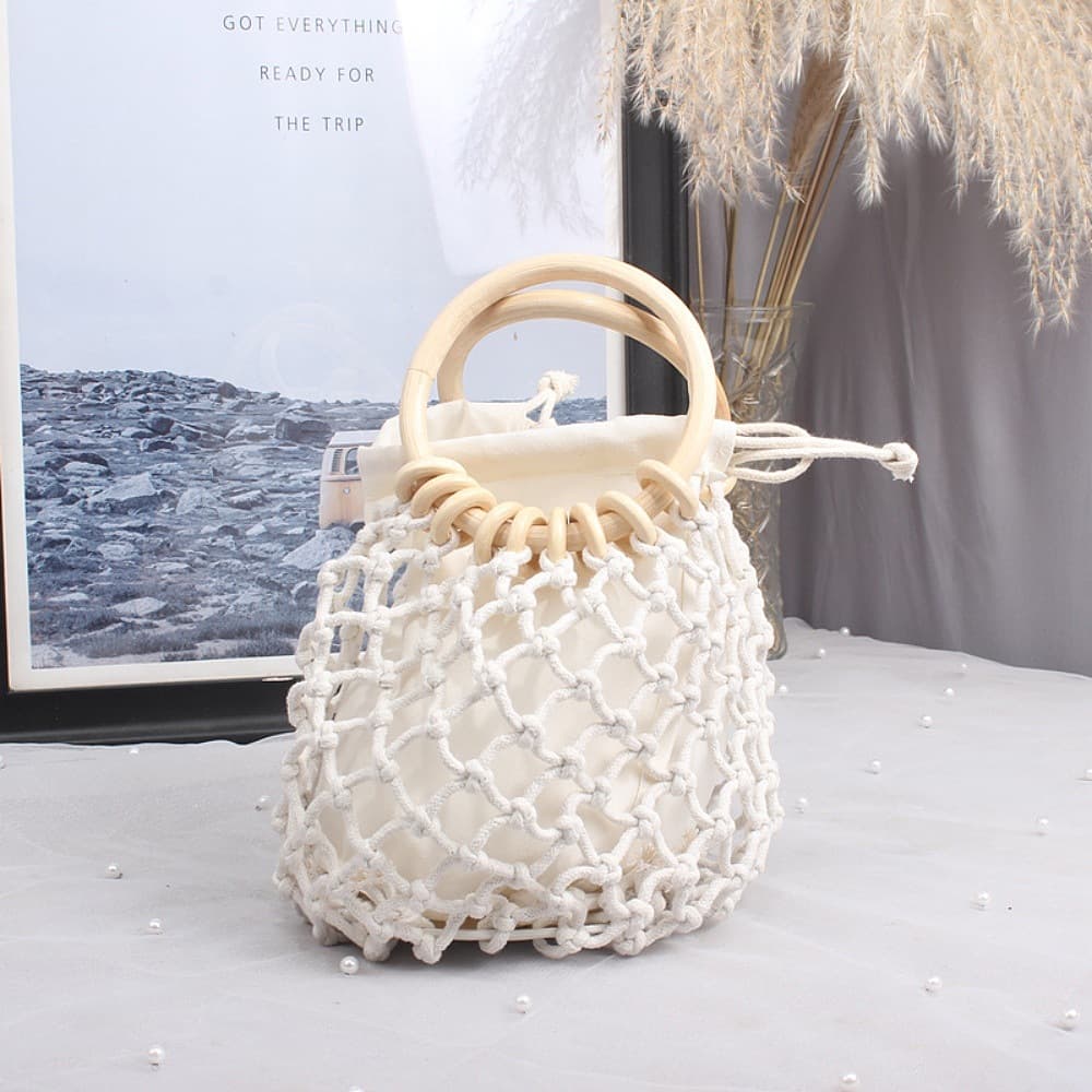 Handwoven Straw Bag Small Round Hollow Handle Net Bag Tote Women Cotton Line Fishnet Hollow