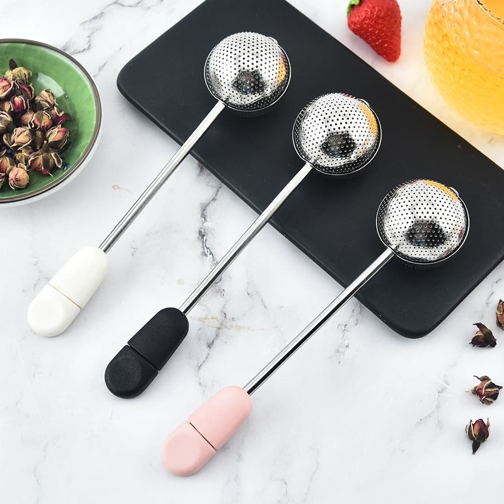 Wholesale Handle Rotating 304 Stainless Steel Tea Strainer, Tea Leaf and Dregs Filter Ball, Tea Infuser, and Powder Sugar Half-Face Sifter