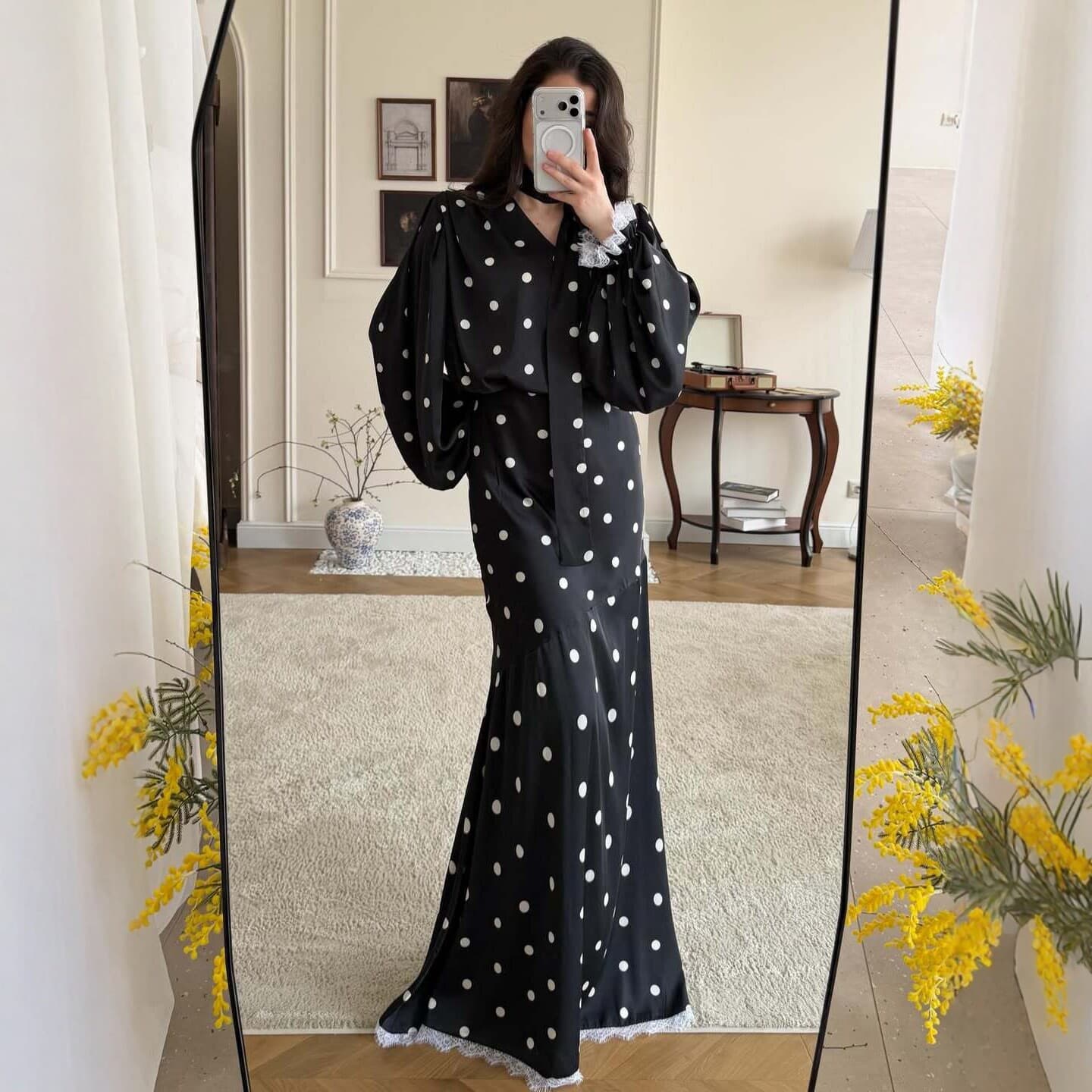 European and American cross-border women's clothing 2026 summer new loose black polka dot long dress, long sleeves, high waist casual suit