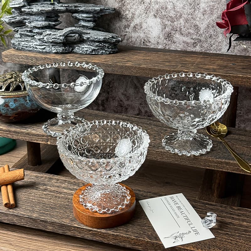 [Whole Wholesale] Niche bead-edged short-footed dessert bowl ice cream bowl ice cream bowl sugar water bowl glass cup juice cup