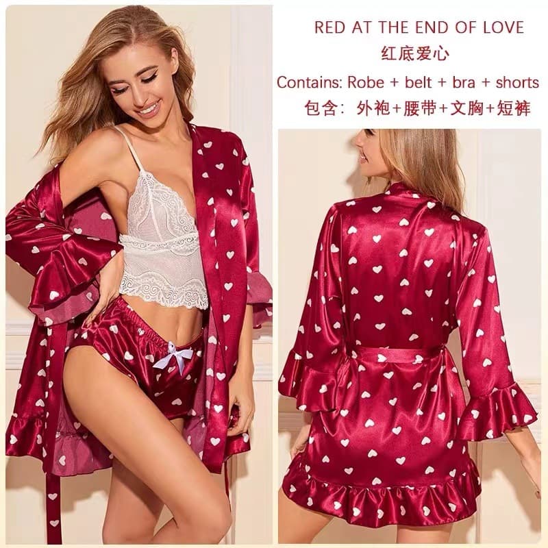 Cross-Border Summer Sexy Pajamas Homewear Striped Robe, Faux Silk Leopard Print Bathrobe Outer Robe Three-Piece Set
