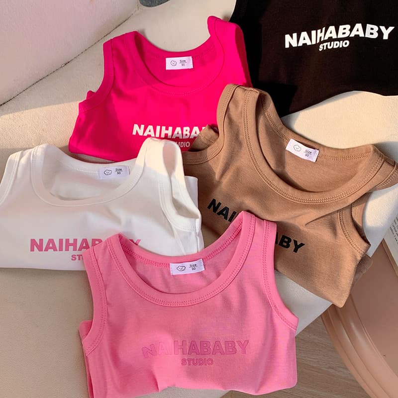 Summer Kids Vest for Boys and Girls, Korean Style Letter Print Solid Color Round Neck Short Sleeveless Top, Baby Underwear in Stock