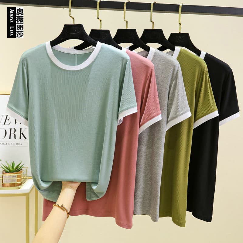 2023 Summer New White Screw Threadknit Short Sleeve T-Shirt Women's Color Blocking Round Neck Versatile Slimming Solid Color Top