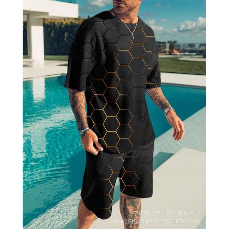 3D Digital Print Men's Summer Short Sleeve Beach Pants Set Trendy T-Shirt Shorts Set Polyester Fiber Slim Fit Round Neck Short Sleeve