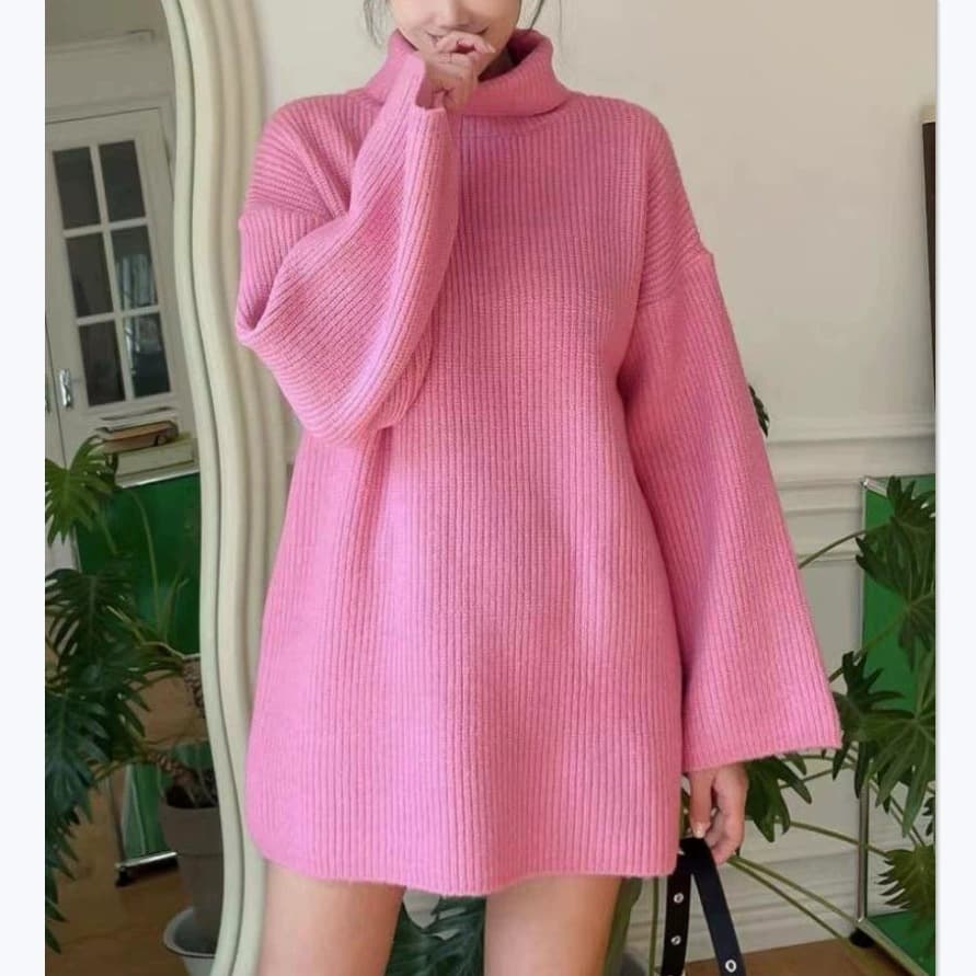 Oversized Relaxed Fit High-Neck Sweater for Women, New Autumn/Winter Design, Solid Color Pullover Knit Top