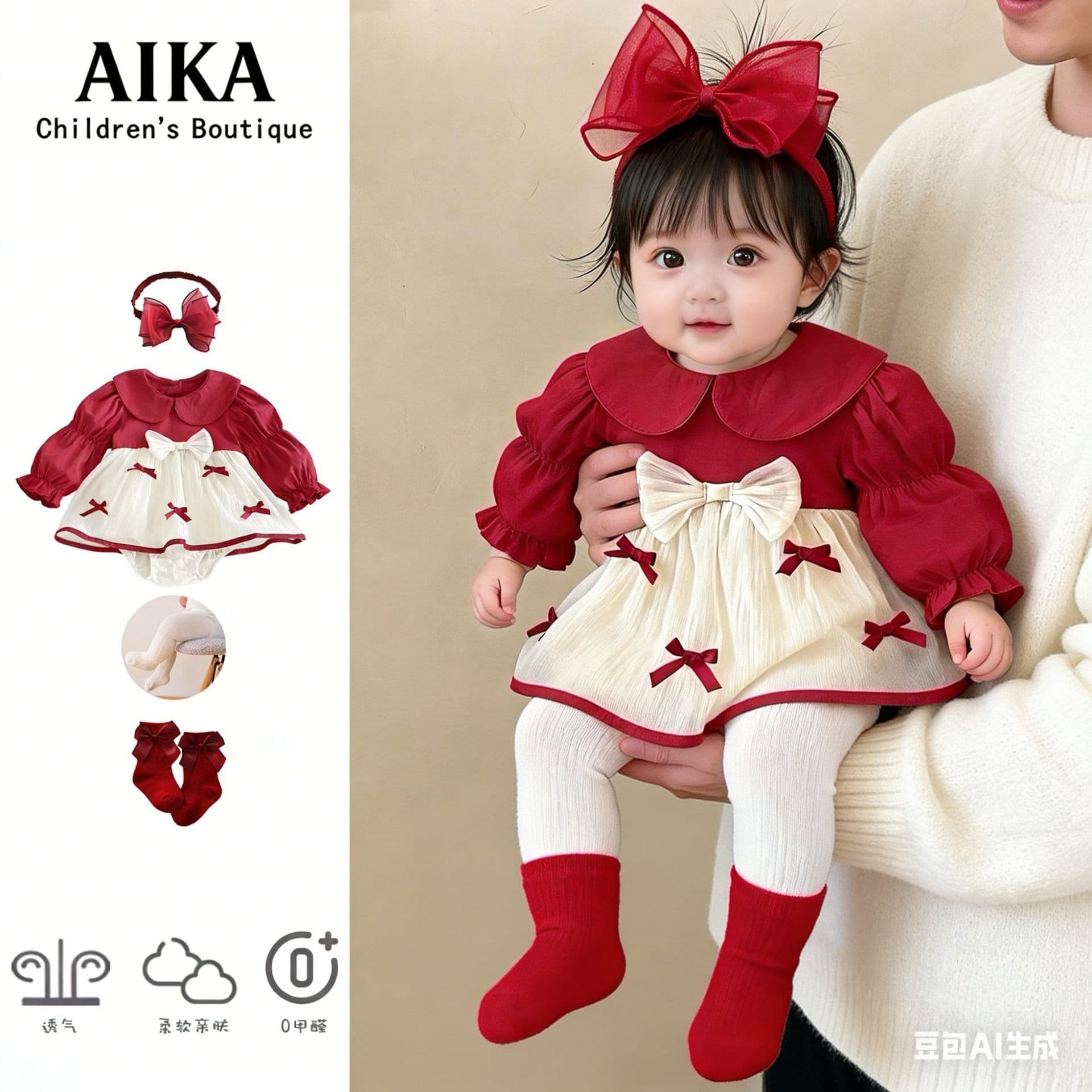 Baby Girls' Spring and Autumn Bodysuit, Red Princess Dress for Full Moon and 100 Days Celebration, New Year Outfit