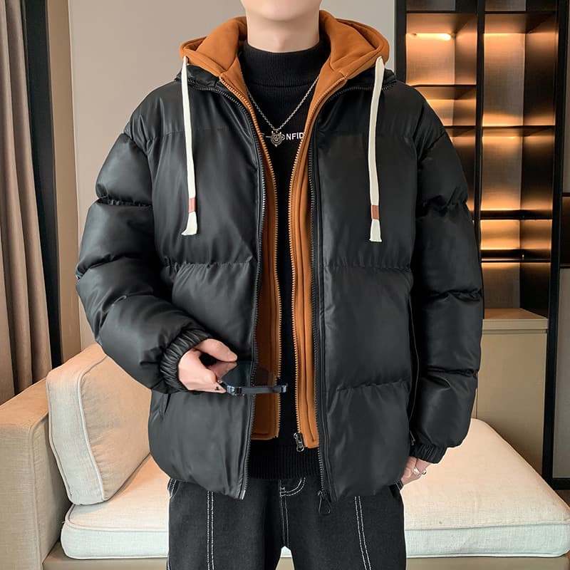 Winter young men's fake two-piece hooded cotton coat coat cross-border large size youth cotton coat wholesale