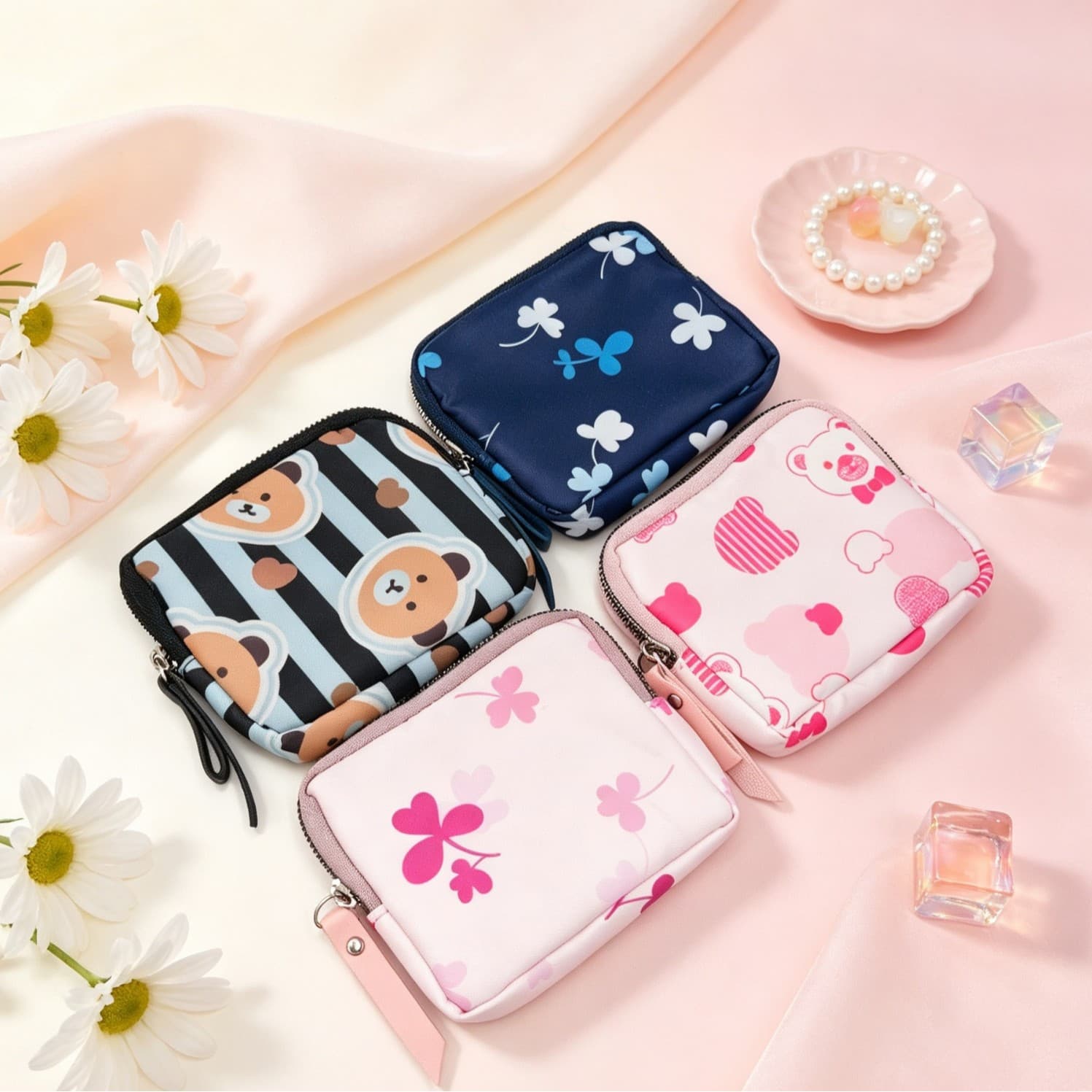 Japanese Style Floral Small Wallet Cartoon Bear Portable Storage Pouch Mini Coin Purse Lipstick Cosmetic Bag