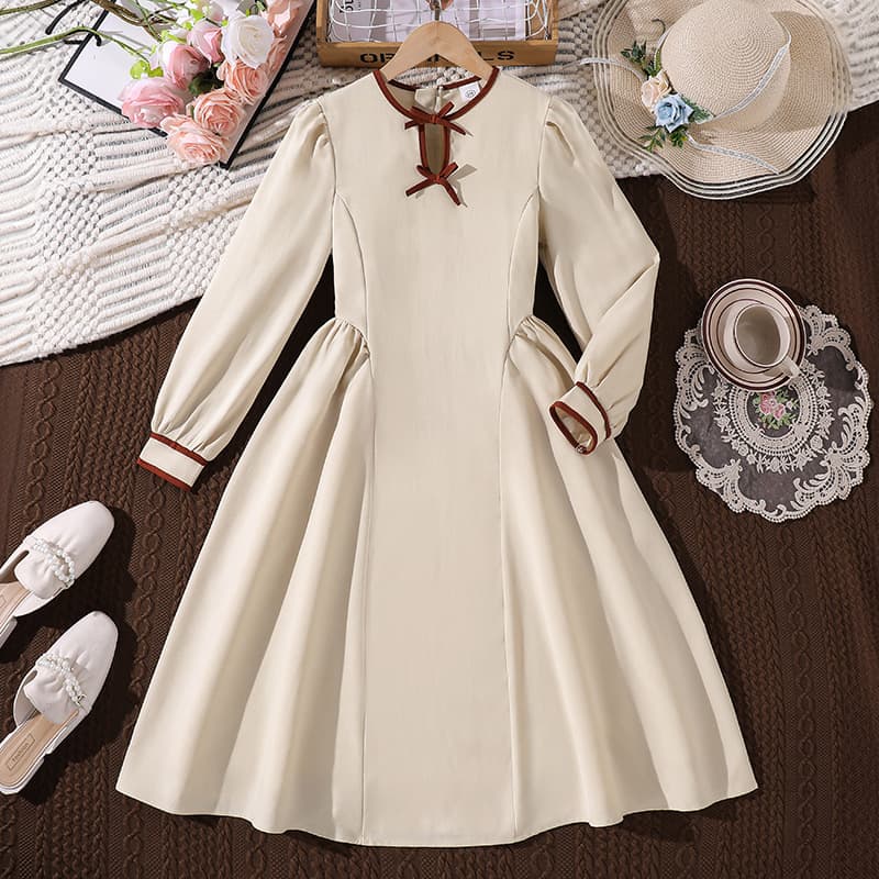 Fashion cross-border long-sleeved girl's long skirt girls 2026 foreign trade new spring retro style waist-cinching dress