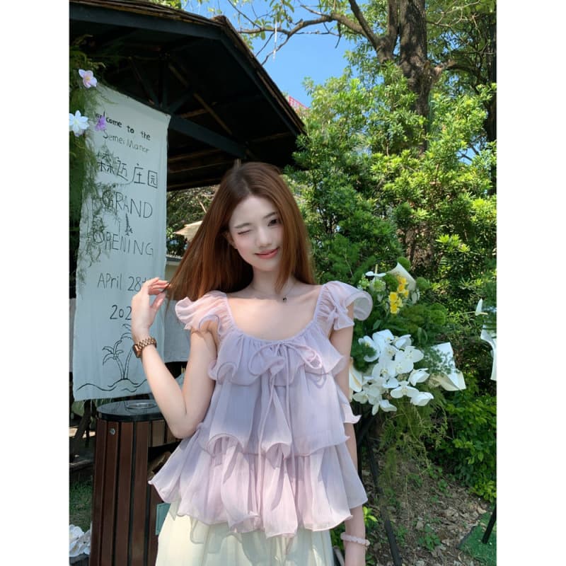 Original Fabric! Purple Ruffle Butterfly Sleeve Blouse Loose Thin Shirt Summer Korean Chiffon Top Short Sleeve