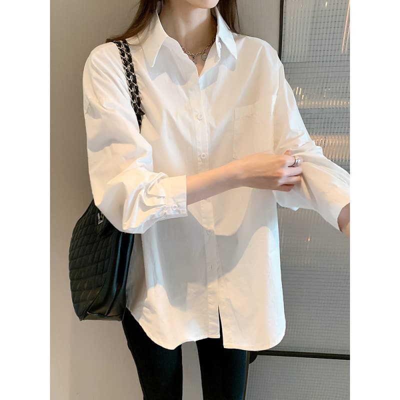 Cross-Border Export Blouse Women Spring Autumn Long Sleeve Mid-Long Solid Color Shirt Niche Design Top Light Mature