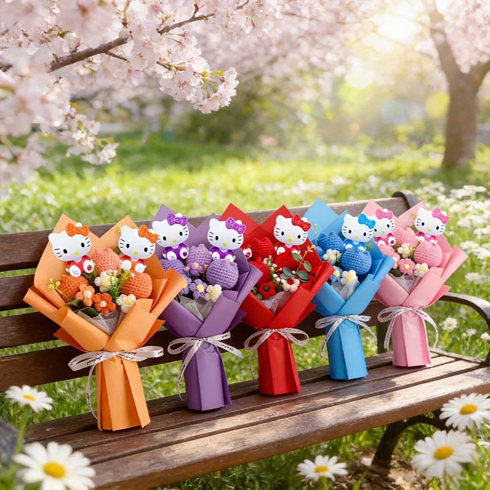 Cross-border Cartoon KT Doll Simulation Bouquet Tulip Puff Knitted Flower Daisy Couple Gift Present