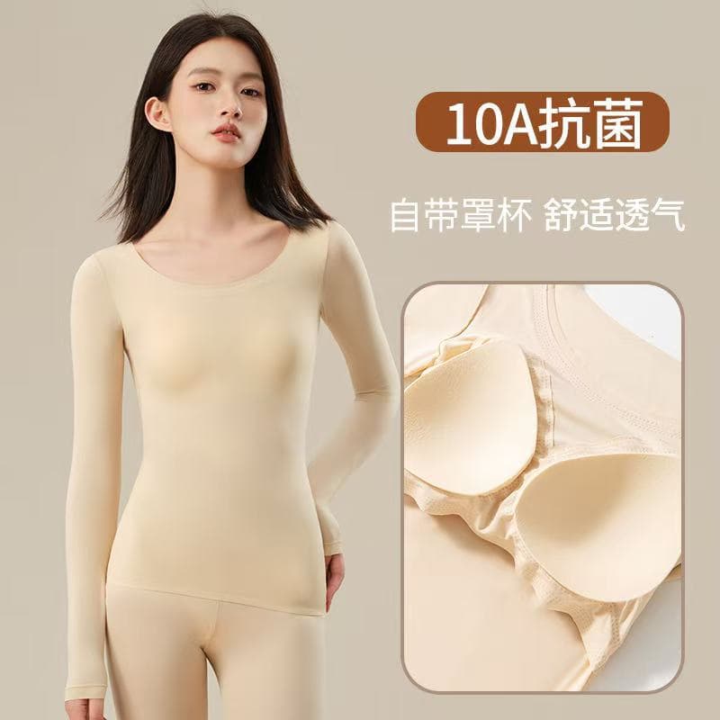 Antibacterial base layer long-sleeved undershirt seamless constant temperature heating bra pad shapewear thermal underwear set