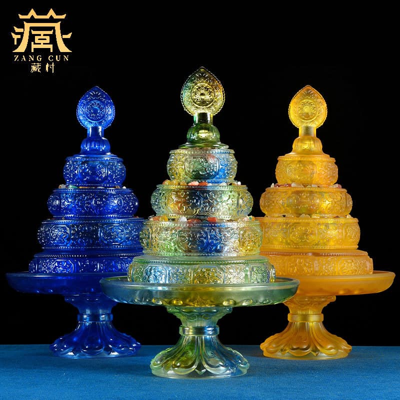 Glass Mandala Plate Set with Eight Auspicious Ornaments, Buddhist Altar Offerings, Mandala Practice Plate