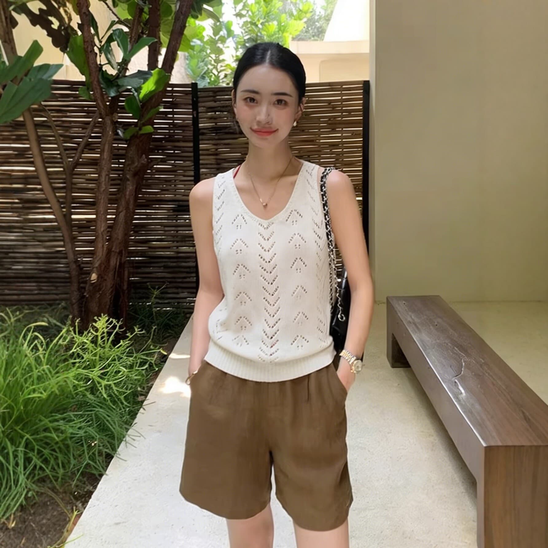 Hollow V-Neck Knit Vest Women Loose Sleeveless Cardigan Solid Color Thin Top Tank Top