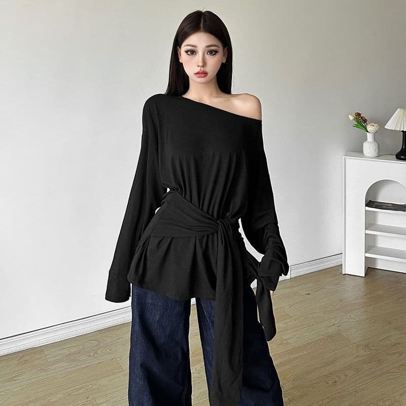 Minimalist Solid Color Lazy Shoulder Long Sleeve T-Shirt Women Early Autumn Sexy Tie Folded Micro Translucent Sunshade Cover up Top