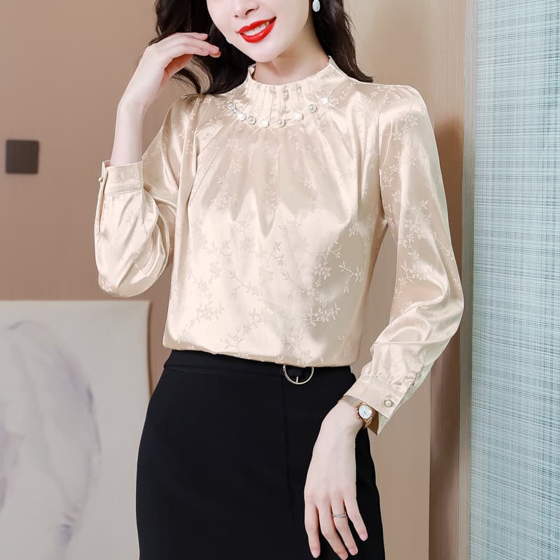 High-end beaded satin shirt women long sleeve 2025 new spring/autumn fashion elegant stand collar stylish blouse top