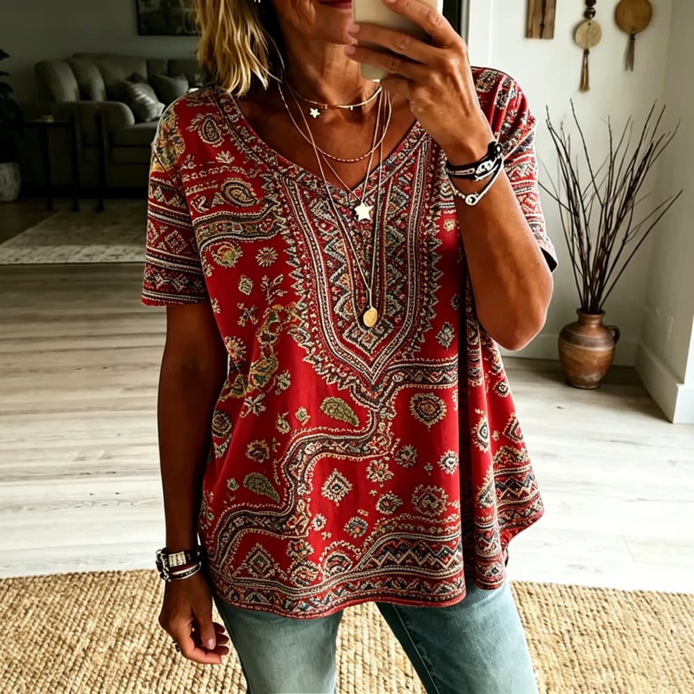 2026 Cross-border V-neck Short-sleeve Loose Cover-up Casual Vacation Women's T-shirt Vacation Top