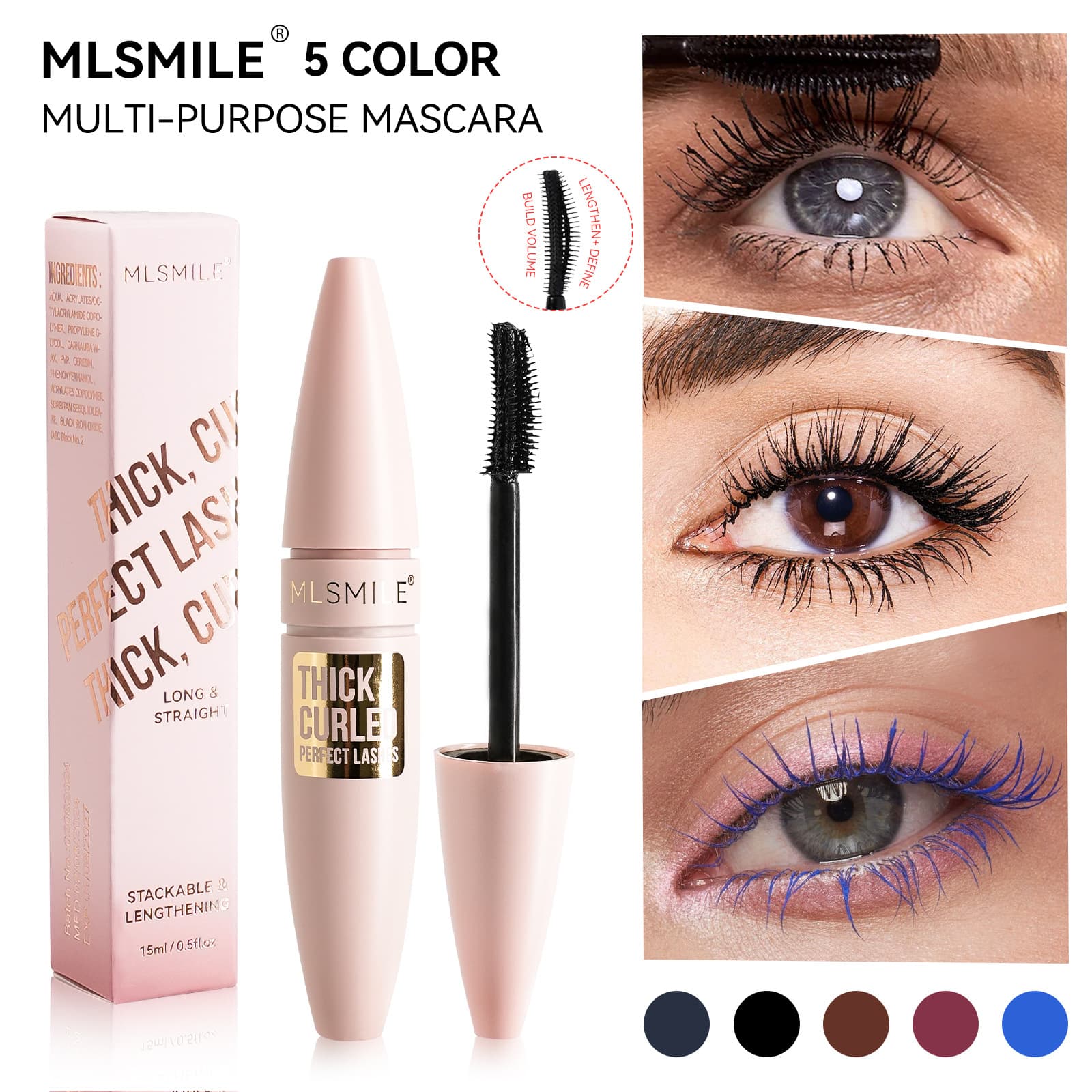 MLSMILE Cross-border Supply 5-Color Mascara Voluminous Lengthening Curling Waterproof Smudge-proof 3D Mascara