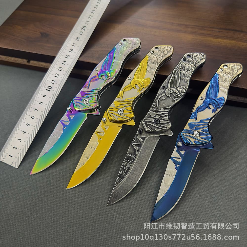 Cross-border hot selling outdoor knife 3D embossed eagle pattern high hardness stainless steel folding knife camping survival knife