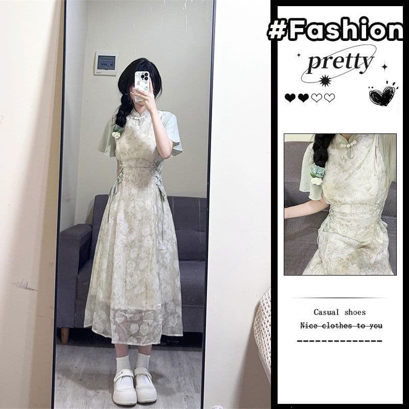 New Chinese style national style stand collar strap waist slim dress women summer retro floral mid-length skirt
