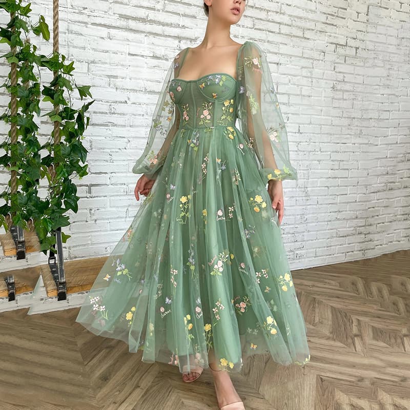 EBAY European and American Amazon Party Prom Evening Dress Lace Embroidered Mid-Length Long Sleeve Evening Gown
