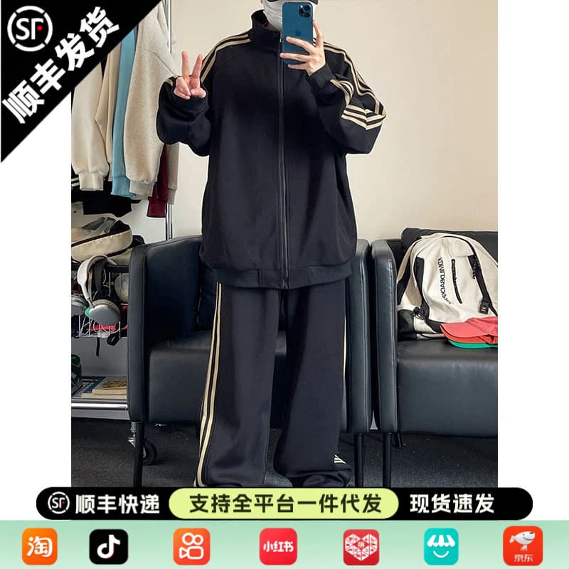 American Retro Three-Stripe Men's Jacket Spring Autumn Men's Sweatshirt Sweatpants Casual Loose Versatile Full Set Couple
