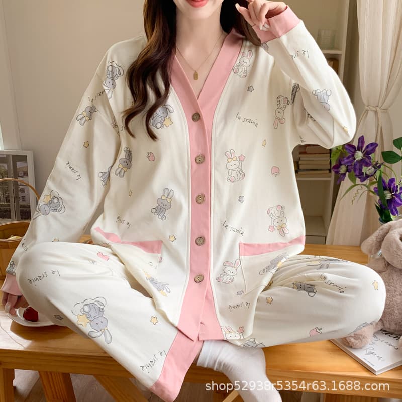 Maternity Pajamas for Spring and Autumn, Postpartum Hospital Wear, Pure Cotton Summer Thin Nursing Sleepwear