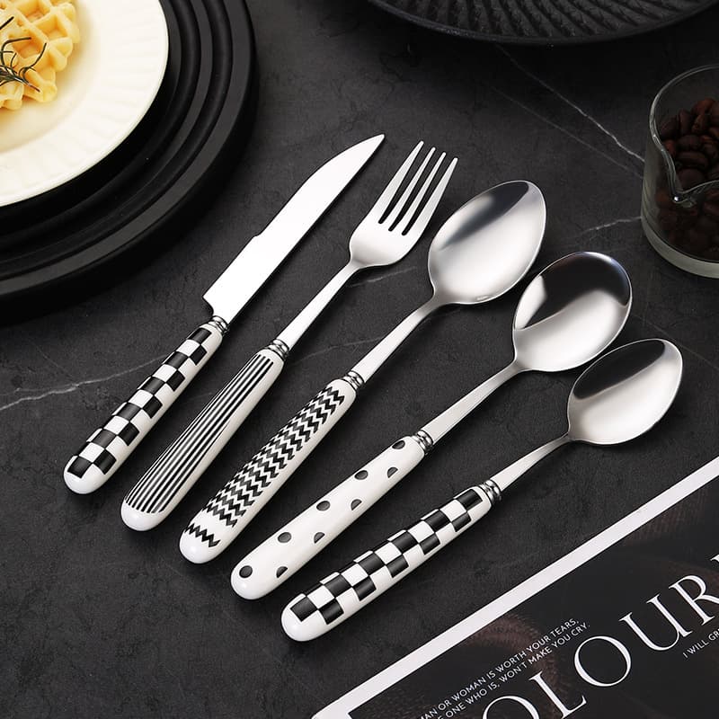 Minimalist Ceramic Handle Knife Fork Spoon Polka Dot Design Stainless Steel Cutlery, Hepburn Style Minimalist Steak Knife Fork Wholesale