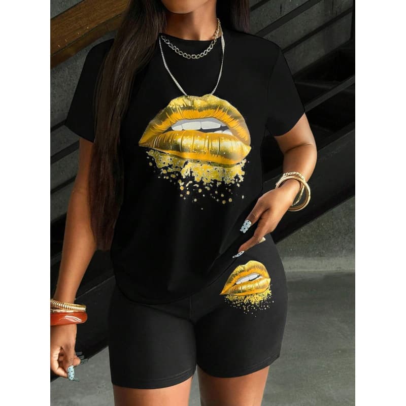 European Size Cotton T-Shirt Women's Summer Casual 2pcs/Set Lips Print Round Neck