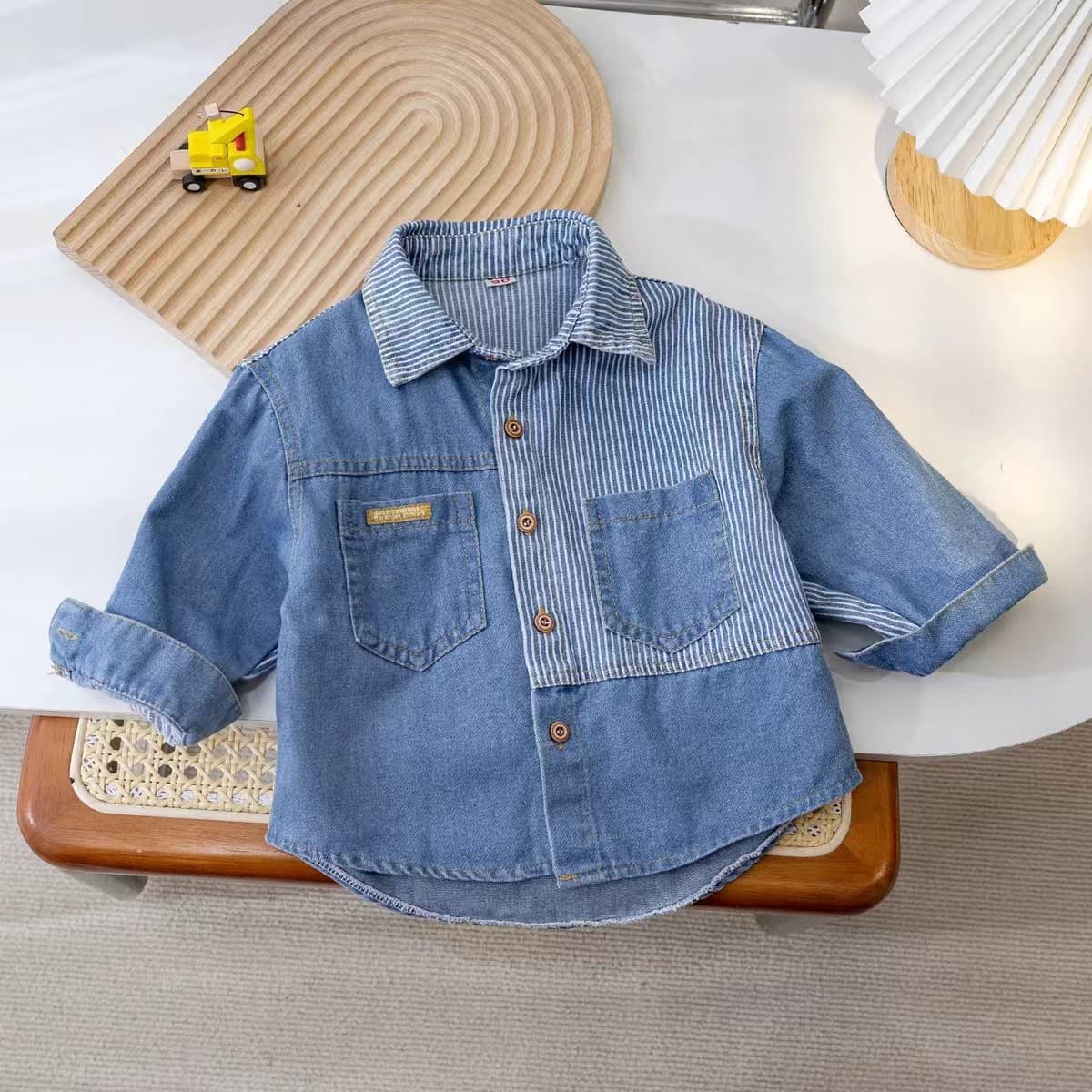 2025 Spring/Autumn New Boys' Street-style Striped Color-block Soft Denim Shirt Children Thin Shirt Jacket
