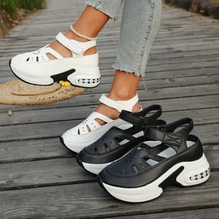 Cross-border New Large Size Wedge Sandals for Women, Enclosed Toe Hollow Breathable, Thick Platform Velcro Sandals