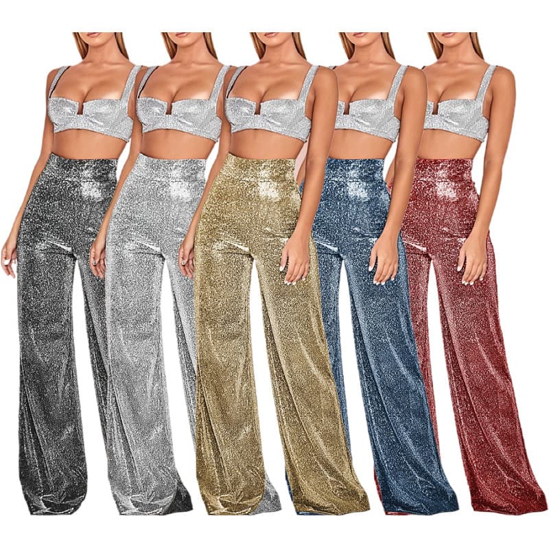 New European and American style women's clothing, silver foil stamped wide-leg pants, high-waisted wide-leg pants, women's casual pants, wholesale source.