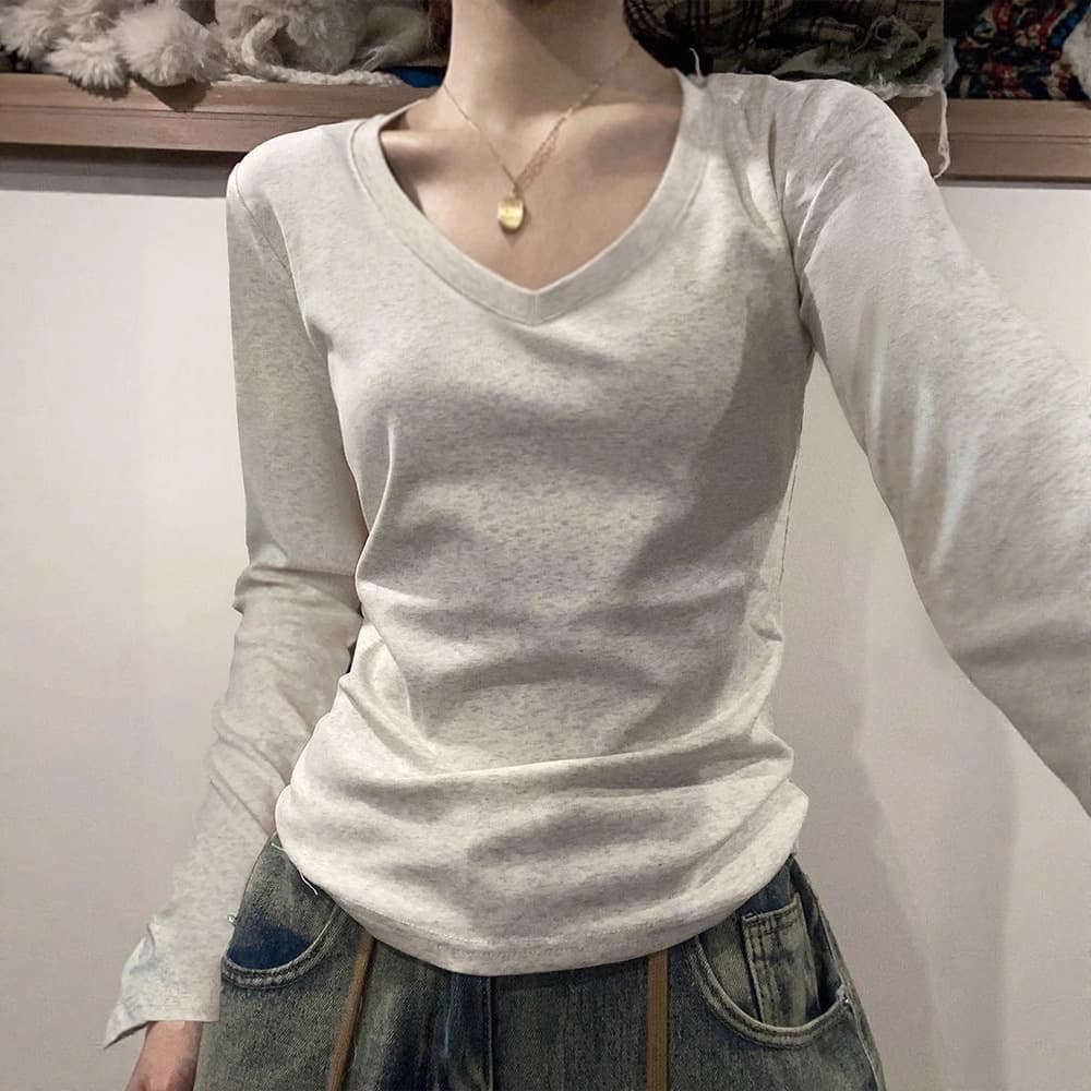 40s Cotton Shoulder Long-Sleeve T-Shirt, New Crew Neck Slim Fit Basic Ins, Solid Color, Hot Girl Base Layer, Slimming Top