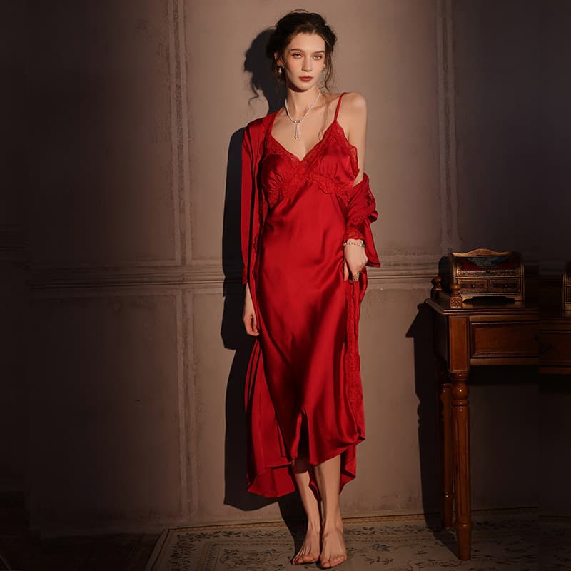 Extended nightgown/robe two-piece sexy pajamas for women, spring, autumn, and summer, ice silk plus size robe, cross-border foreign trade wholesale.