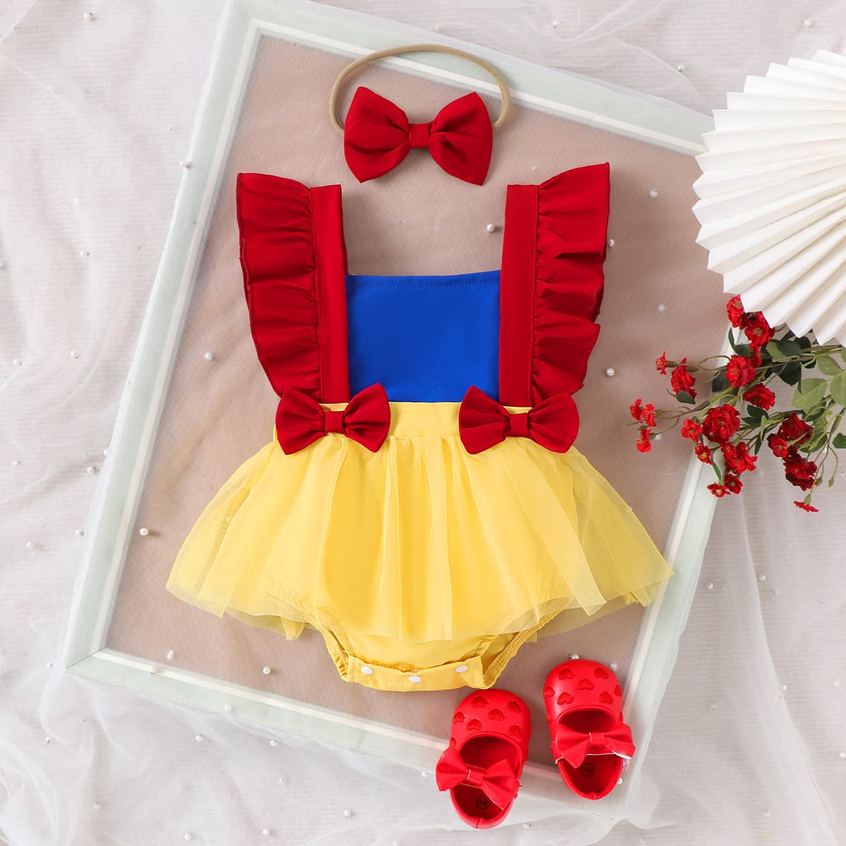 Amazon Baby Girl Summer Short Sleeve Snow White Mermaid Mesh Harness Dress + Hair Accessories Party One Year Wear