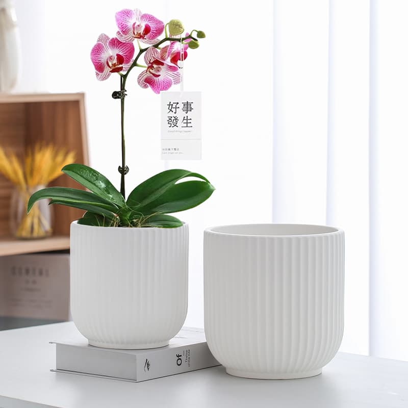 New Ceramic Flower Pot, Matte Vertical Grain, Nordic Style Simple Pot, Large and Extra Large with Tray, Desktop Plant Pot
