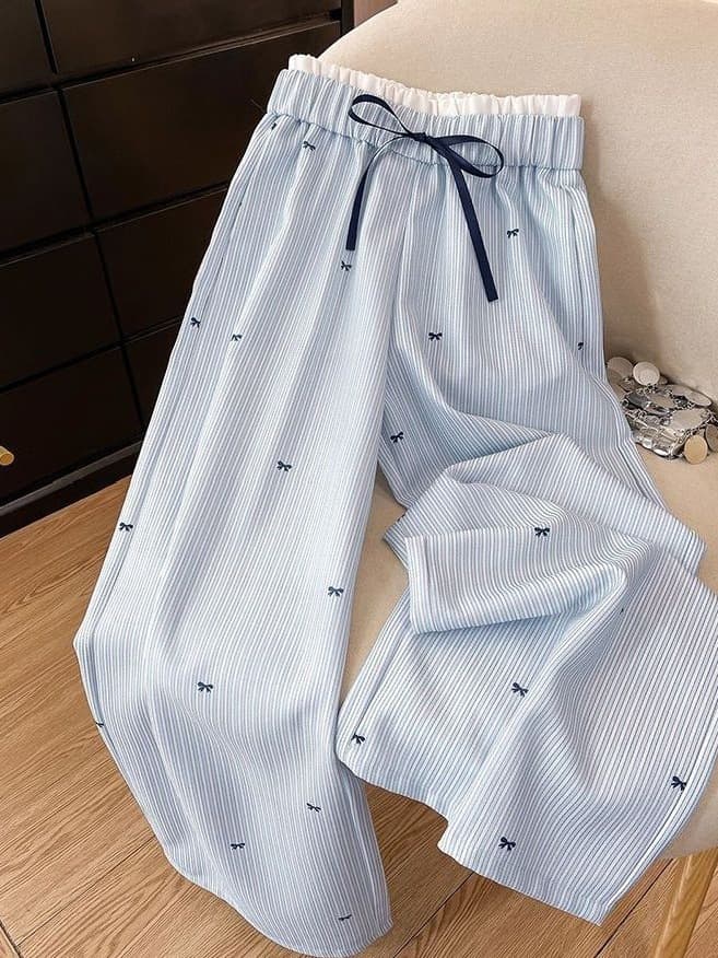 Super Cute Faux Two-Piece Bow Stripe Casual Pants for Women Spring New Sweet Youthful Elegant Loose Wide-Leg Pants