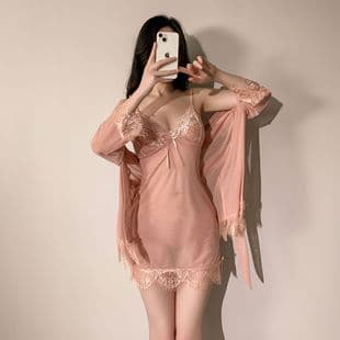 Meiyoujia Sexy Lingerie for Women Plus Size Sheer Sexy Passionate Temptation Spaghetti Strap Lace Sleepwear Nightgown Set