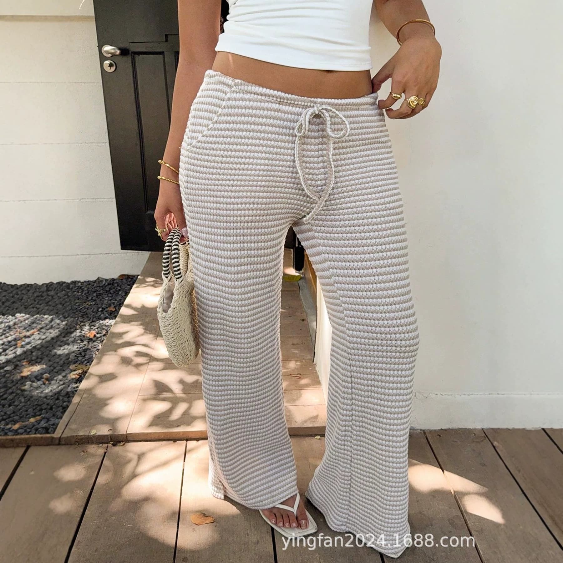 Amazon TikTok Pinduoduo foreign trade cross-border European and American large size contrast bubble striped drawstring trousers
