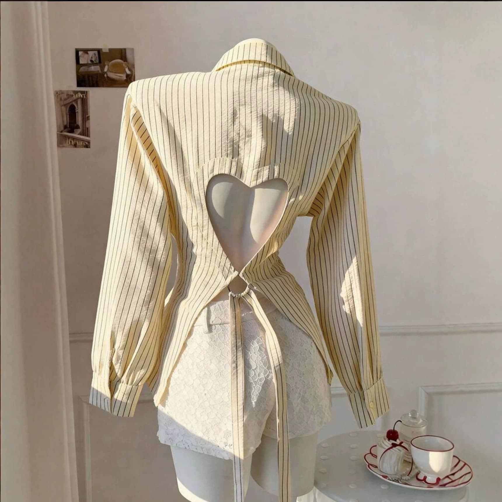 2026 Summer European and American Cross-Border New Style Gentle Cream Yellow Striped Waist-Nipping Lapel Button-Down Shirt with Heart Cutout at Back Waist