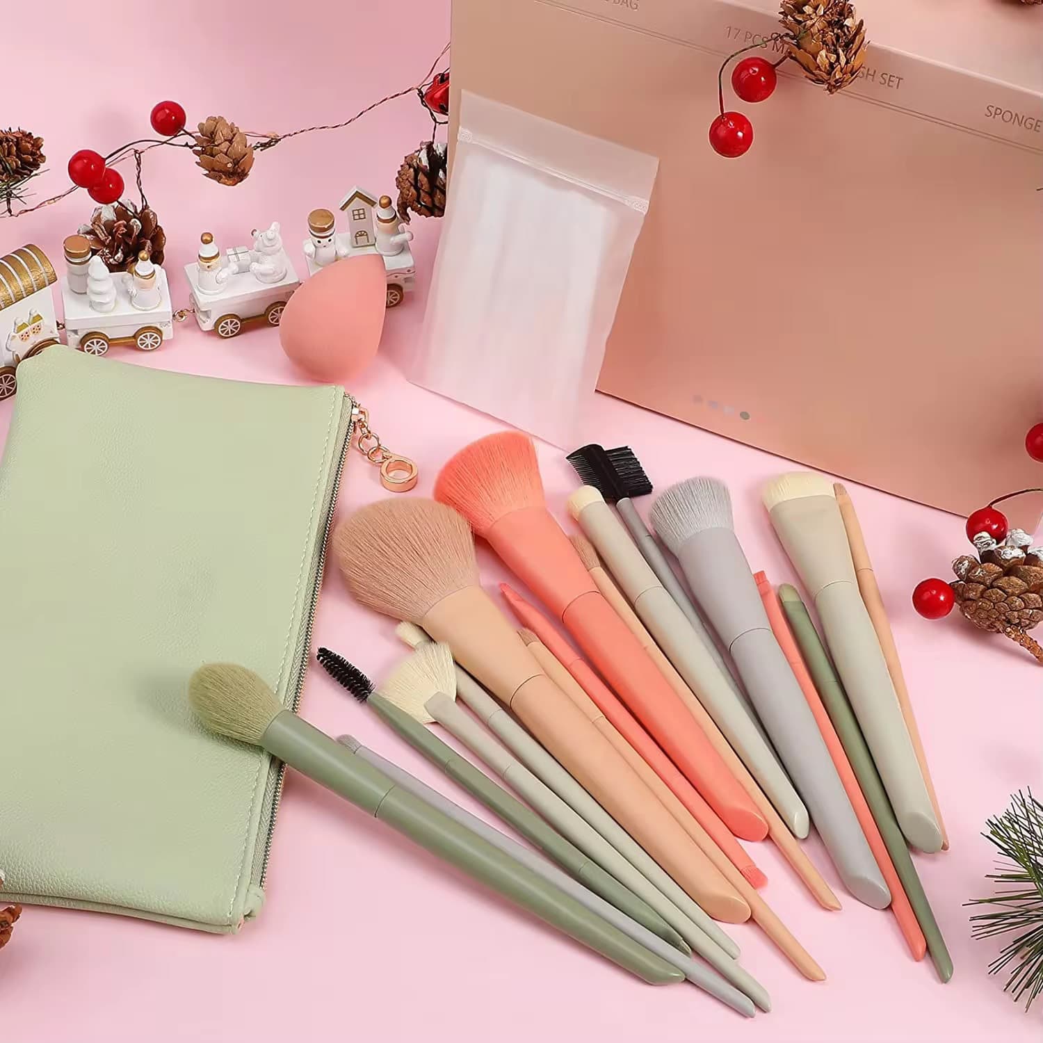 Hot-selling Cross-border Makeup 17-piece Brush Set with Cosmetic Bag and Makeup Sponge, Professional Factory Stock