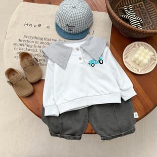 Boy's Spring/Fall Versatile Polo Sweater Toddler Light Color Car Print Plaid Patchwork Loose Long-Sleeve Top