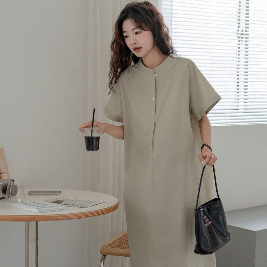 Summer Maternity Dress Fashionable Half-Button Stand Collar Loose Cotton Long Maternity Dress Short Sleeve