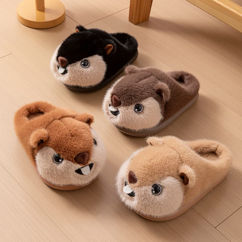 Men Women Kids Baby Cute Cartoon Squirrel Stuffed Doll Head Autumn Winter Home Wood Floor Thick Cotton Slippers