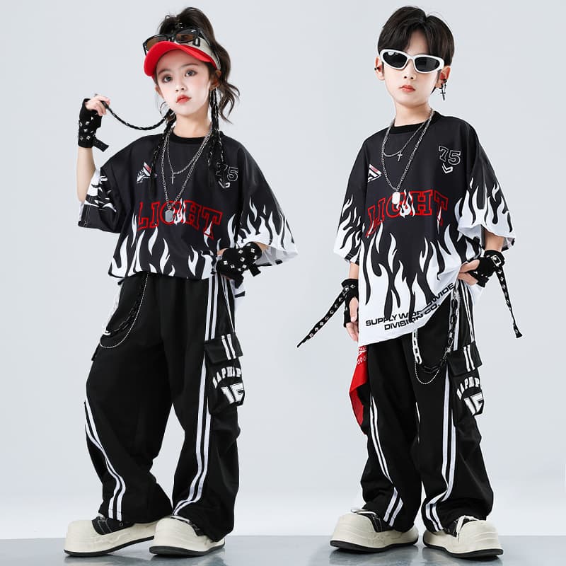 Hip Hop Kids Streetwear Short Sleeve Dance Pants Set with Hip Scarf for Boys and Girls Hip Hop Performance Costume