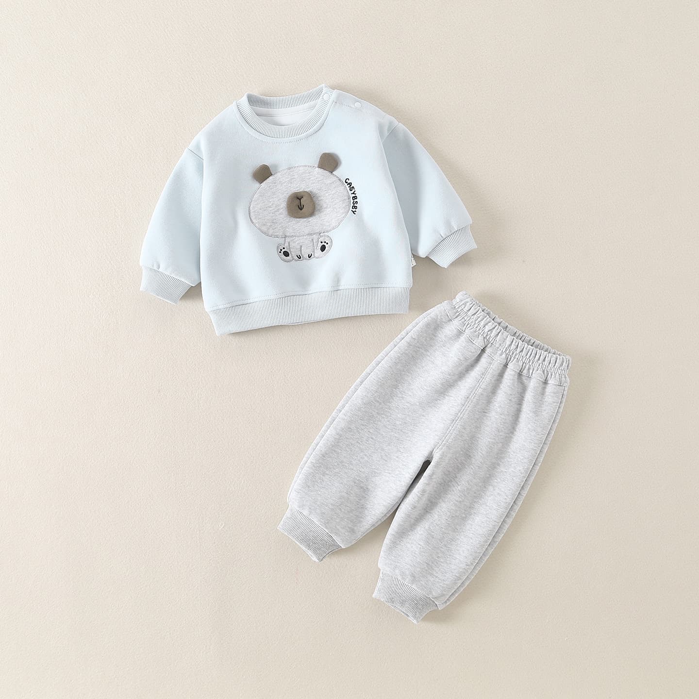 Boys' Autumn Clothing Set, Infant Class A, Bear Print Solid Light Gray Long-Sleeve Top and Pants 2-Piece Set