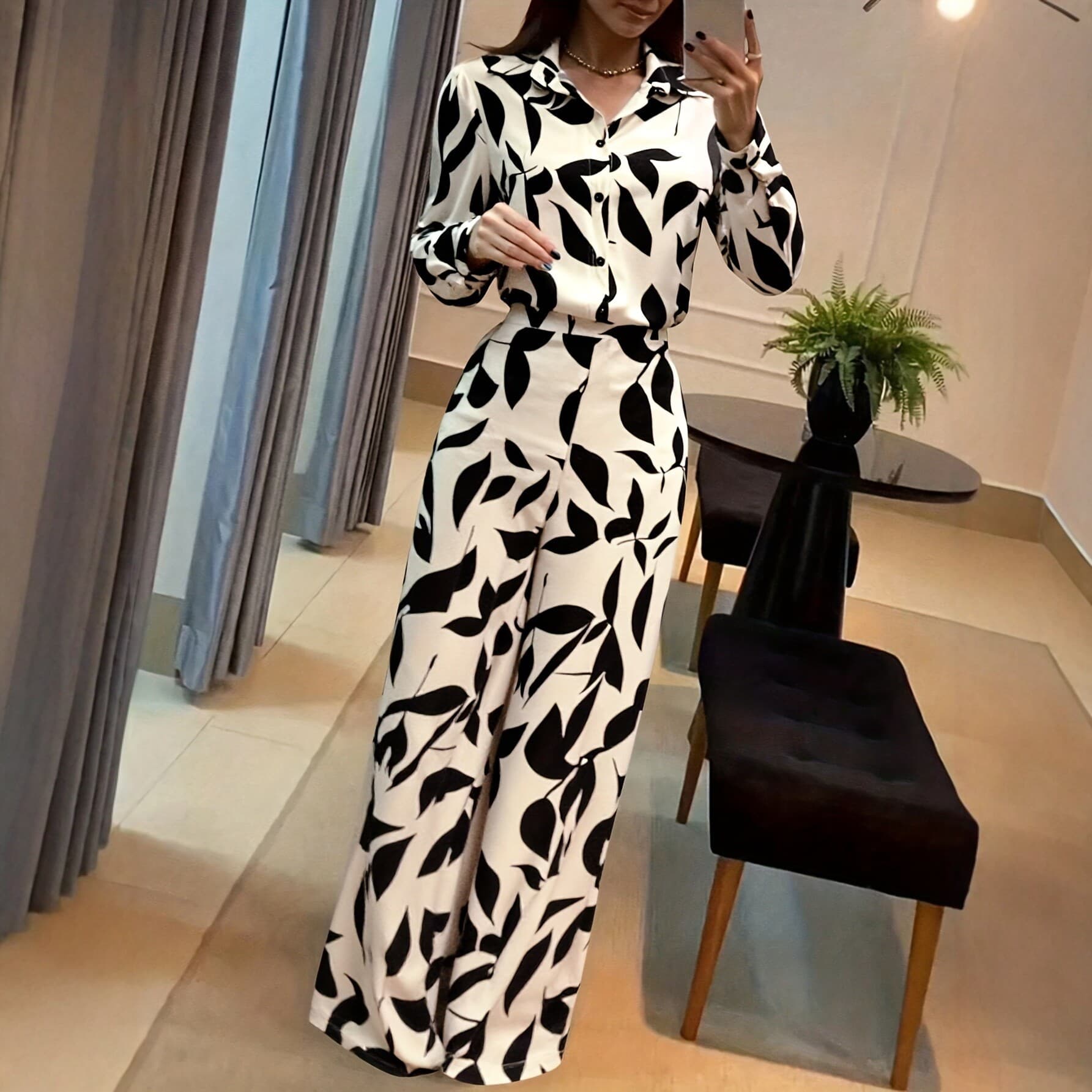 2026 New Cross-Border European and American Style Women's Commuter Suit Long Sleeve Wide-Leg Pants Fashionable Casual Two-Piece Set